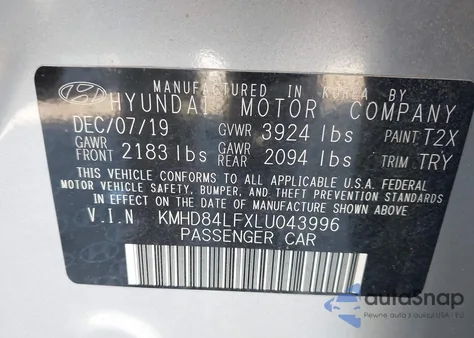 2020 Hyundai Elantra Sel z USA, uszkodzony, nr VIN KMHD84LFXLU043996